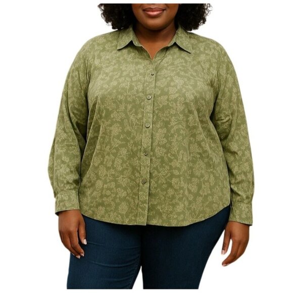 CJ Banks Tops - C.J. Banks Plus Size 1X Top Green Floral Corduroy Button-Up Long Sleeve Collared